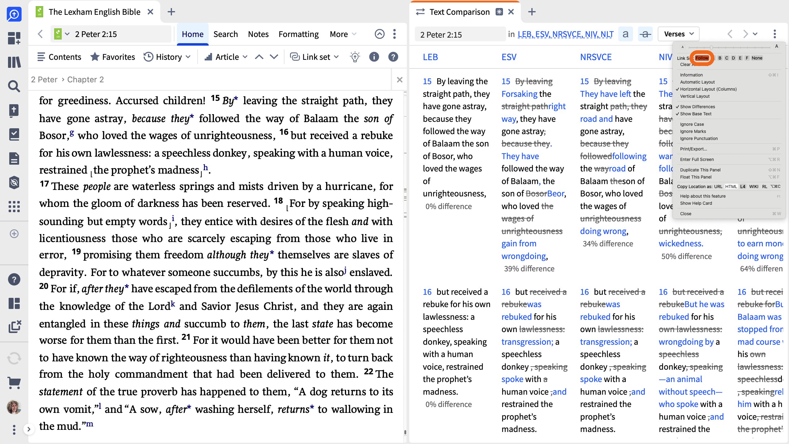 Set The Text Comparison Tool To Follow Your Active Bible
