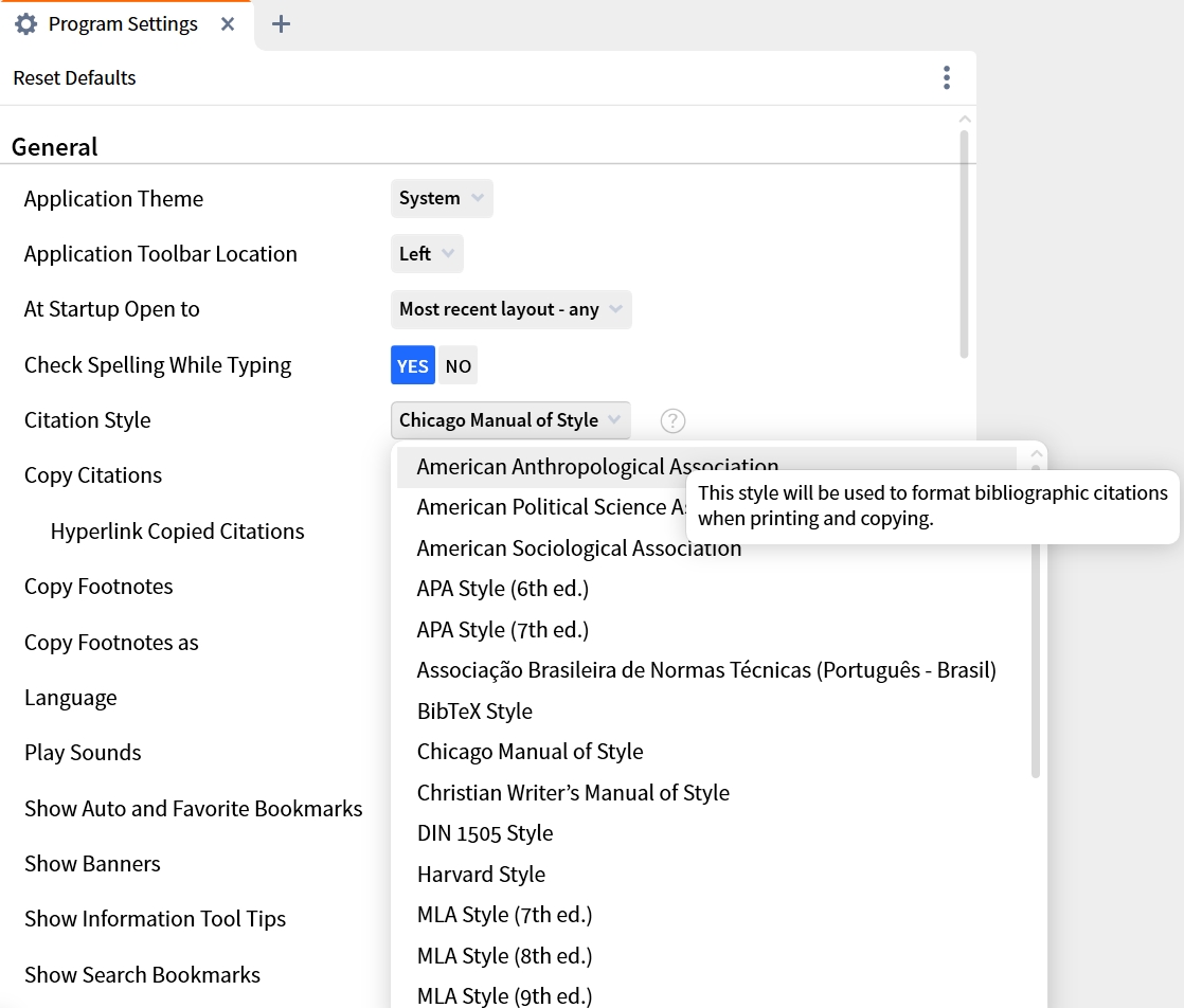 Specify Citation Style